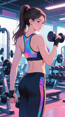 A girl in sportswear lifts dumbbells in the gym