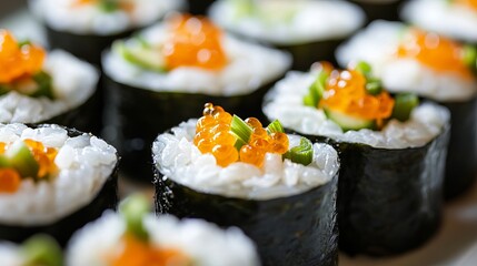 A beautifully arranged plate of sushi rolls served with garnishes and soy sauce on a dark plate