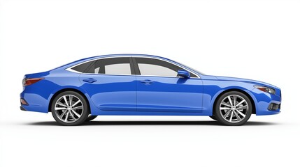Realistic mockup of a modern blue sedan car, side view, isolated on white background