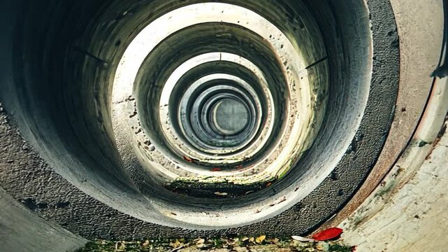 Abstract view of circular concrete tunnel with symmetrical pattern and leaves on the ground in natural light