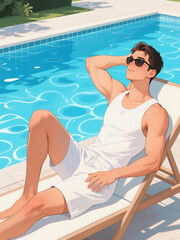 A handsome guy is sunbathing on a lounge chair by the swimming pool
