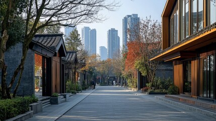 Obraz premium A street in Suzhou, China, shows a modern building with the city in the background. 