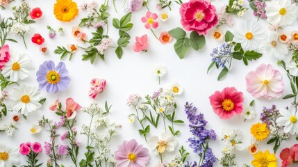 A white banner or flowery background with colorful flowers and leaves. It looks like a spring garden on a white background.
