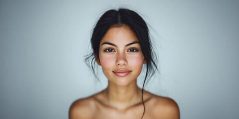 Obraz premium Natural portrait of a young woman with freckles and glowing skin, looking confidently at the camera against a soft, minimalist background