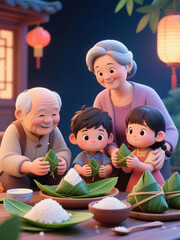 Grandparents make rice dumplings with their grandchildren during the Dragon Boat Festival