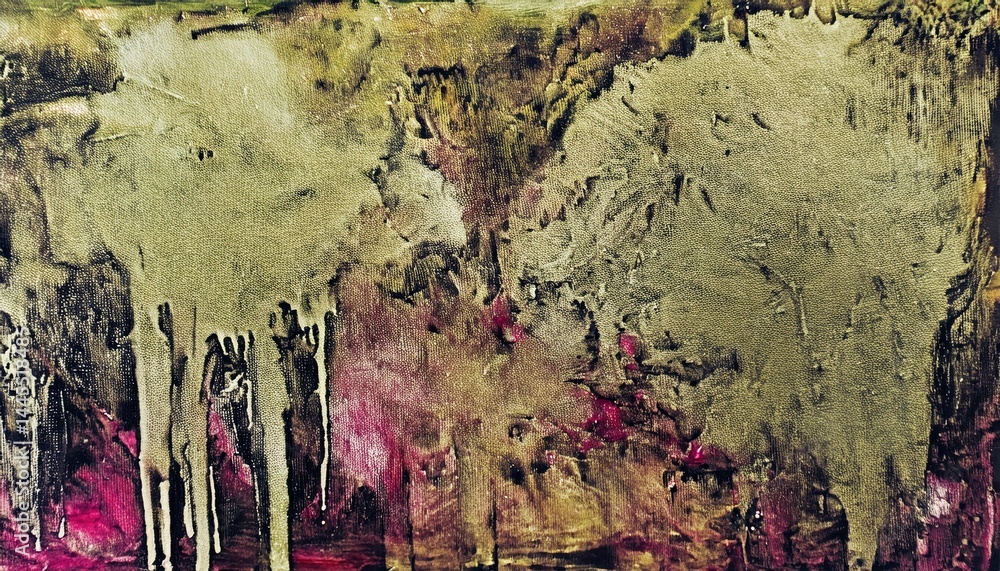 Poster abstract textured canvas with green and burgundy paint drips and strokes, ideal for modern web desig