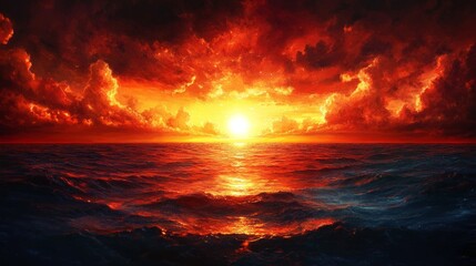 Fiery Red Sunset Over Ocean Dramatic Cloudscape