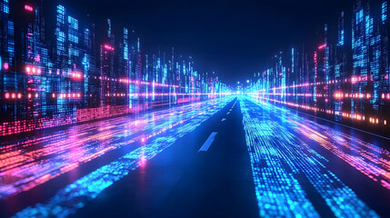 Digital road through futuristic city