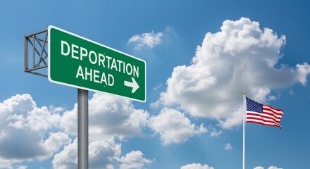 Fototapeta premium Deportaion Ahead: A Highway Sign and American Flag Under a Blue Sky with Clouds, Illustrating Immigration Issues