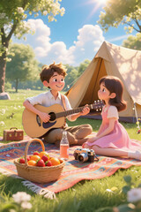 Boy and girl playing piano and singing in front of camping tent
