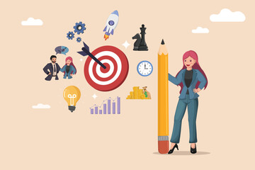 Businesswoman with Pencil Planning Development Strategy Surrounded by Target, Growth, and Innovation Icons  Creative Business Concept.