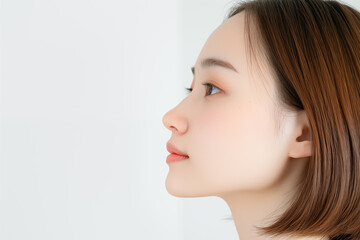 Side profile of young Japanese woman with smooth skin and natural makeup