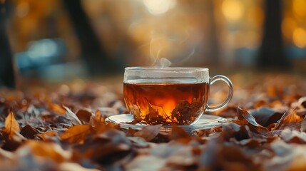 Black tea in a clear cup with dry leaves. A healthy, natural beverage.
