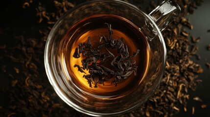 Black tea in a clear cup with dry leaves. A healthy, natural beverage.
