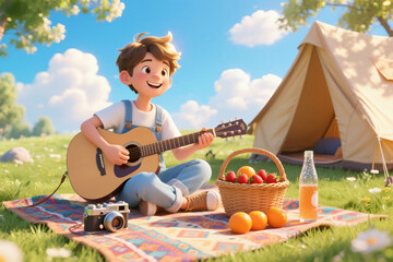 Boy playing piano in the forest outdoors in summer with picnic and camping tent
