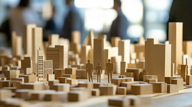 Architectural Visualization: City Model Showcasing Urban Planning and Spatial Design with Miniature Wooden Structures in a Creative Workspace for Urban Development and Community Planning