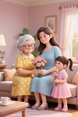 Three generations of grandparents, mothers and daughters presented carnation flowers on Mother's Day