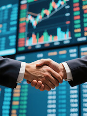 Close up of handshake in front of stock trading market screen, a pair of business people shaking hands in front of stock screen