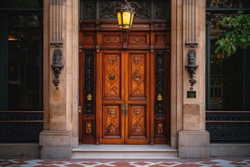 Beautiful ornate wooden door with intricate designs located in a historic building at dusk