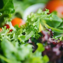 Fresh salad with tomatoes, green leaves of lettuce and rukola. Macro close up with selective focus