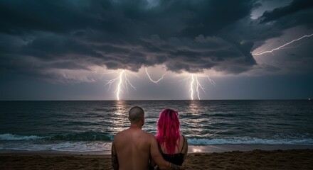 Couple watching lightning over ocean, photos