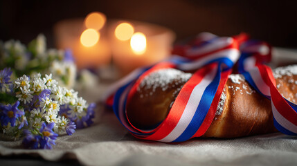 Traditional Slovenian potica cake with festive ribbons, glowing candlelight, alpine wildflowers; celebrating national pride and heritage.