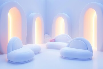 Modern, airy room with whimsical, cloud-shaped seating and glowing arches.