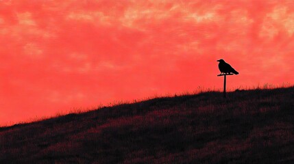 Fototapeta premium Crimson Sunset Lone Raven Silhouette on Hilltop.