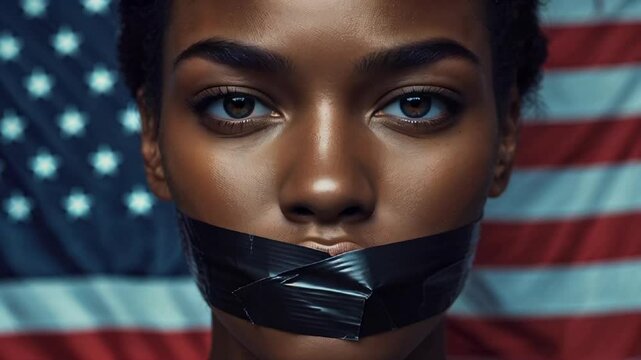 African American woman with mouth taped, flag in background
