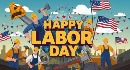 Labor Day Celebration: Workers with Tools, Flags, and Festive Decorations.