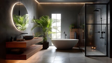Luxury spa bathroom with freestanding bathtub and greenery