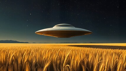 UFO over the yellow wheat field in the night sky illustration