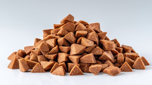 Dry pet organic kibble food. A pile of small, brown, triangular-shaped kibble pieces on a white background.