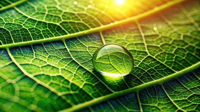 Close-up of a water droplet on a vibrant green leaf with dew glistening in sunlight, revealing intricate details and textures , close-up, macro photography