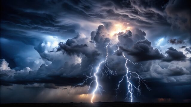 Dark stormy sky with lightning flashes across the horizon, illuminating eerie clouds and casting an ominous glow on a simple black background , cloud, night