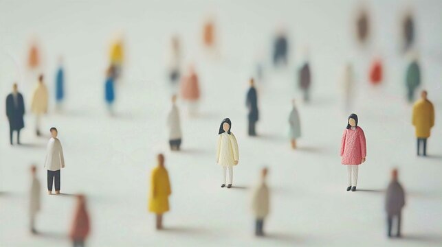 Diverse Miniature Figures in Colorful Clothing Depicting Social Distancing and Isolation in an Abstract Crowd: A Contemporary Look at Urban Society, Population Dynamics, and Human Diversity