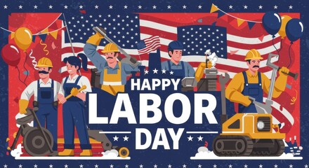Obraz premium Diverse Workers Celebration: Labor Day, American Flags, Industry & Unity.