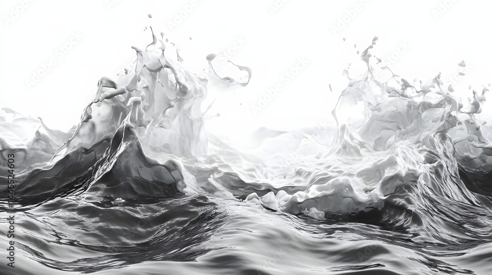 Poster dynamic waves crashing on a horizontal pure white background abstract water art minimalist design