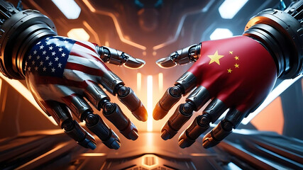 Two robotic hands are holding up a flag of the United States and China