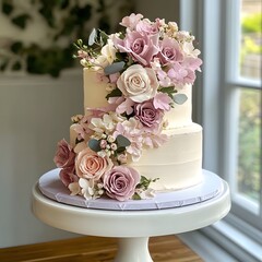 Layered Desserts. Floral Cakes.Colorful Desserts with Bright Accents. Wedding cake decorated with pink flowers and eucalyptus