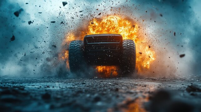 Massive RC truck erupting in flames amidst a destructive environment