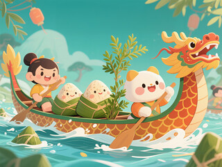 Children and cute Zongzi racing in the Dragon Boat Festival