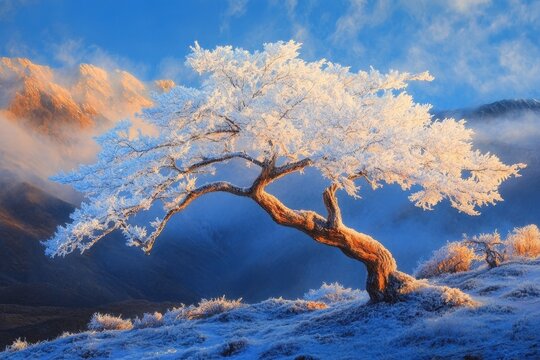 Frost-covered tree stands majestically in a serene winter landscape at sunrise in the mountains