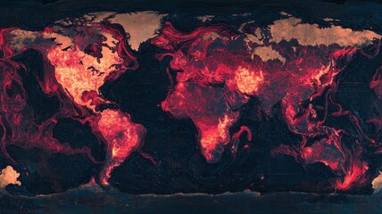 Artistic world map with glowing red textures highlighting continents and intricate swirling patterns, suggesting heat or energy across the globe.