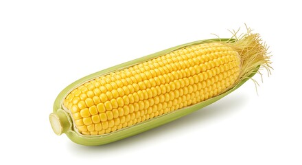Vibrant ear of corn, featuring golden kernels and fresh green husks on white background