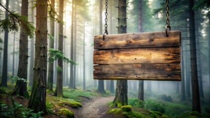 Weathered wooden sign with distressed letters, hanging on a tree branch