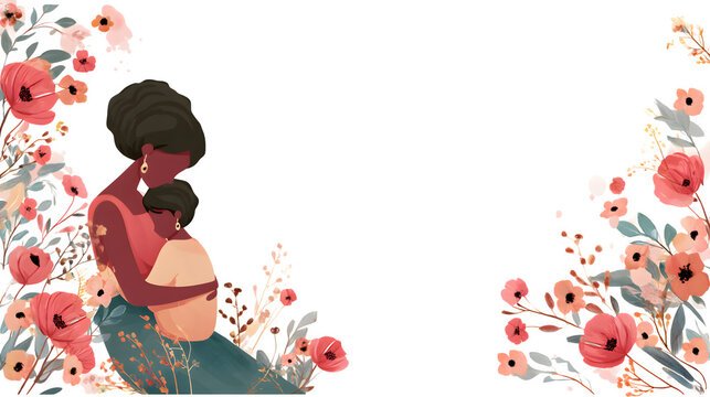 A realistic illustration of a mother embracing her child with a floral background. Ideal for sentimental Mother's Day cards.