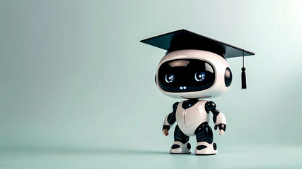 Humanoid robot wearing graduation cap symbolizes education and technological advancement in a playful way, Concept of education, reading, school and machine learning
