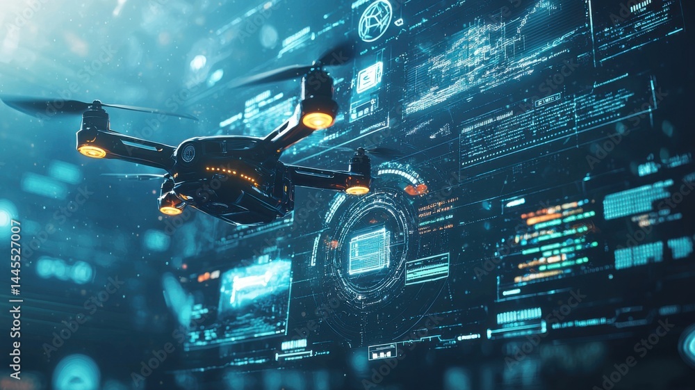 Poster a drone flies through a futuristic digital interface with data, code, and holographic displays, high