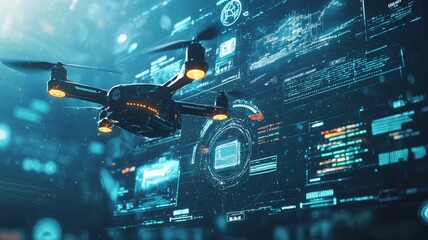 A drone flies through a futuristic digital interface with data, code, and holographic displays, highlighting advanced technology and innovation.